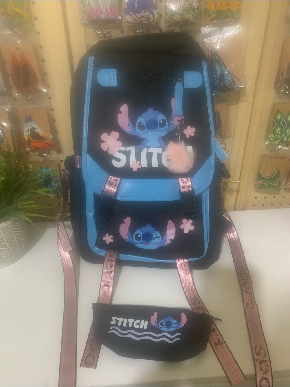 Disney Stitch Backpack & Pouch Set - Black, Blue, Pink